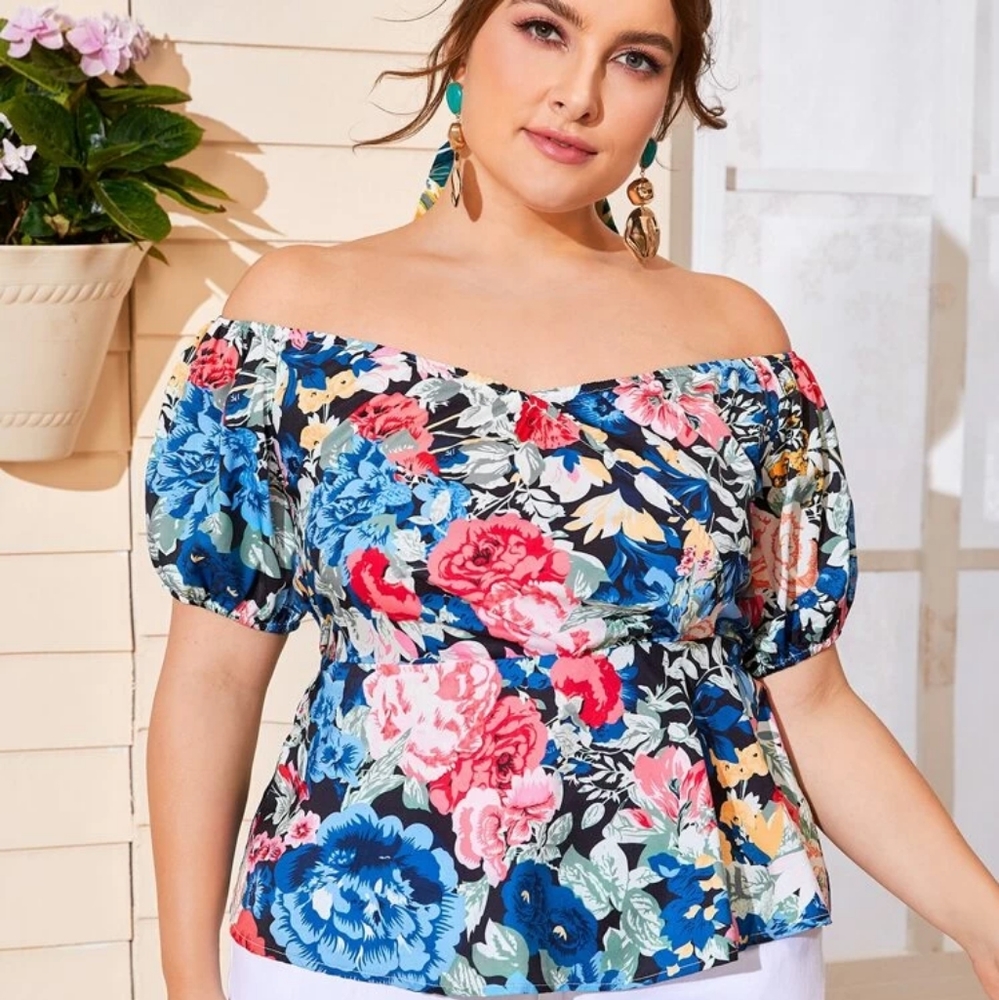 Floral puff sleeve peplum top 4x